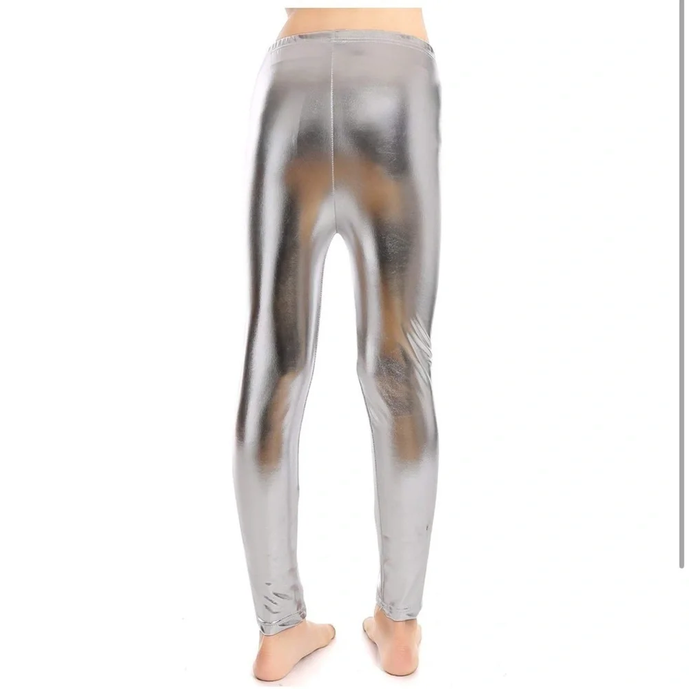 Girls' silver Metallic disco Shiny Stretch Leggings size medium